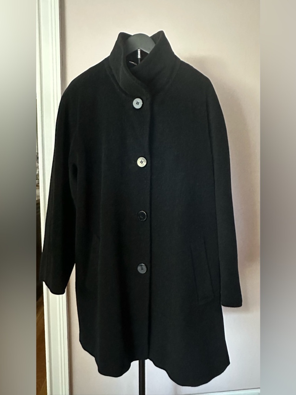 Ellen Tracy Classic Black Wool Pea Coat with Stand Collar